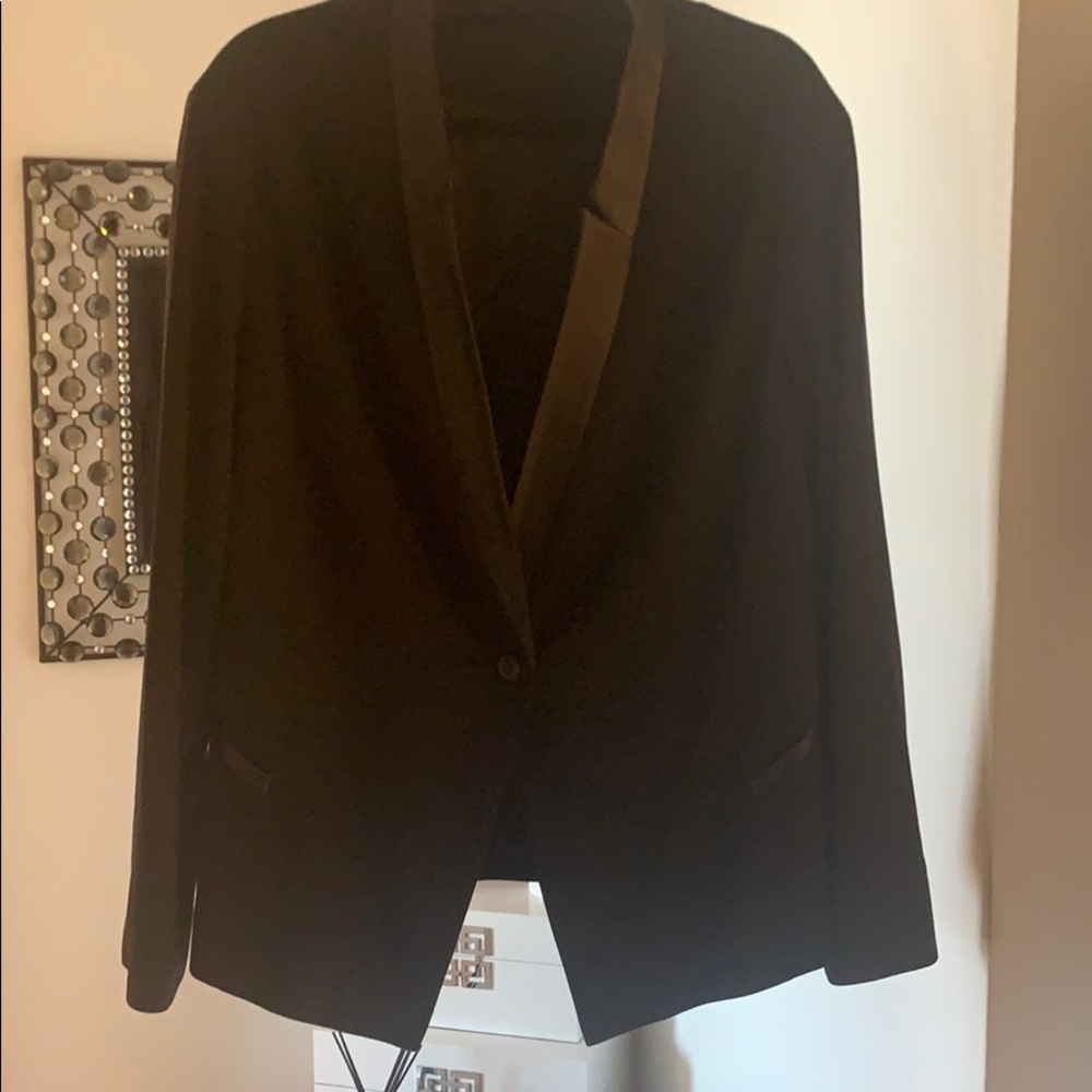 Black faux leather trim tuxedo style jacket